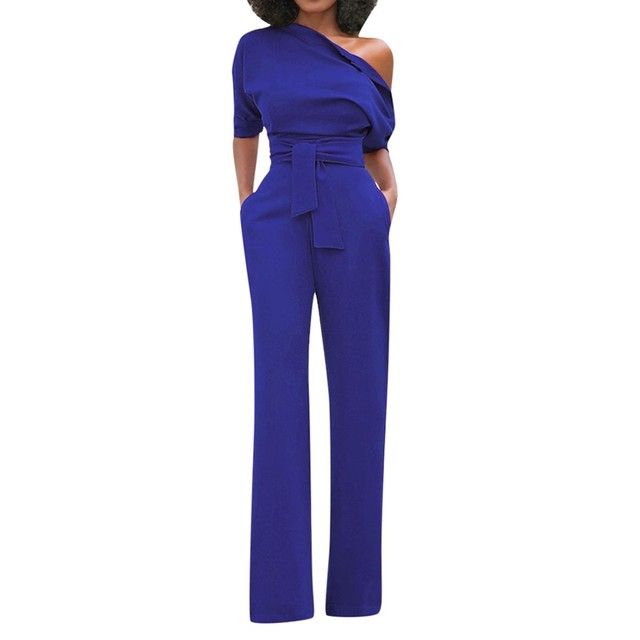 3wsexy Jumpsuit Women Solid Off Shoulder Daily With Blue_S