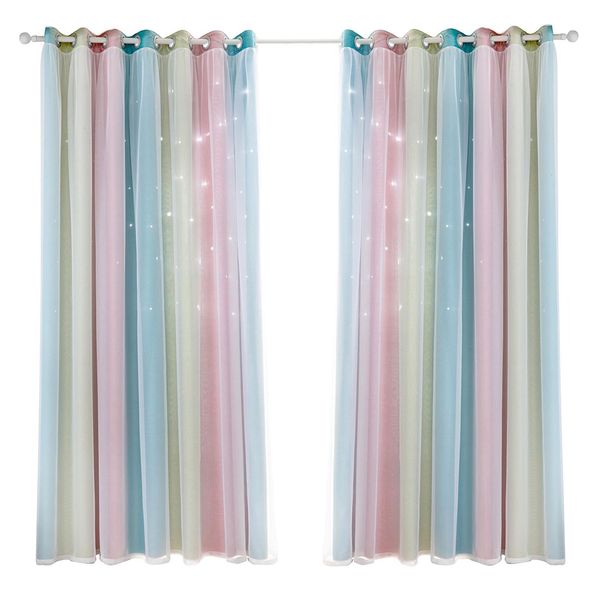 2pc Curtain Simple Gradient Hollow-out Star Pattern Double Layer Blackout Bedroom Living Room Insulation Curtain