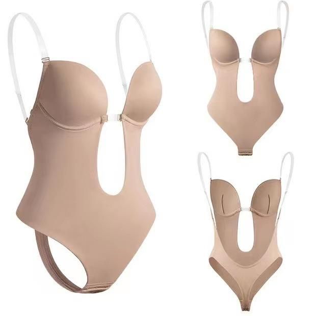 European and American large size one-piece bodysuit backless tights chest support shaping gather invisible shoulder strap body shaper apricot L