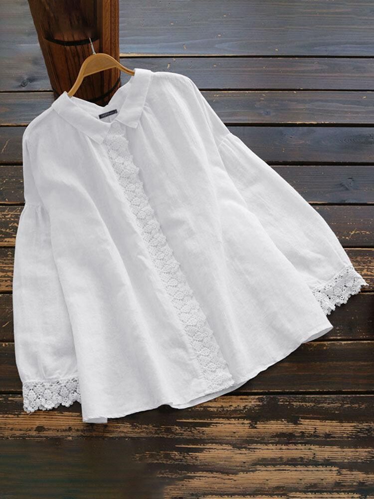 Solid Lace Patchwork Long Sleeve Lapel Cotton Blouse