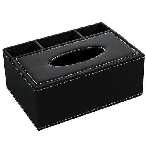 Leather Tissue Box Remote Control Holder Multifunctional Desktop Organizer Pencil Scissor Container (Black)