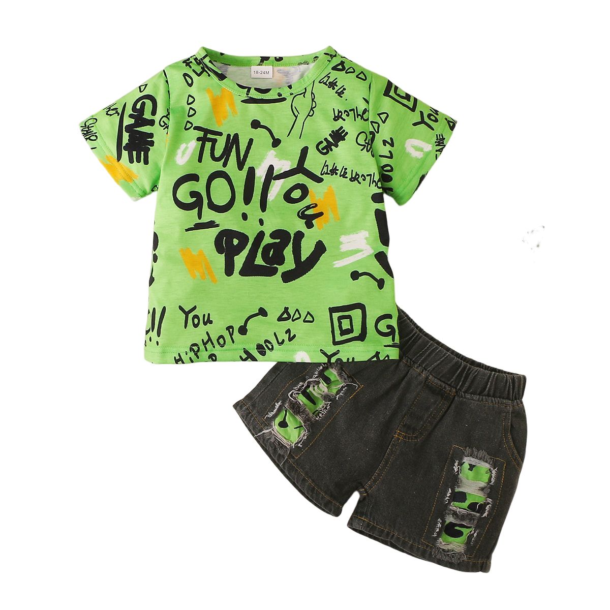 Toddler Baby Boy Suit Print Short Sleeve T-shirt + Ripped Denim Shorts 2Pcs Set