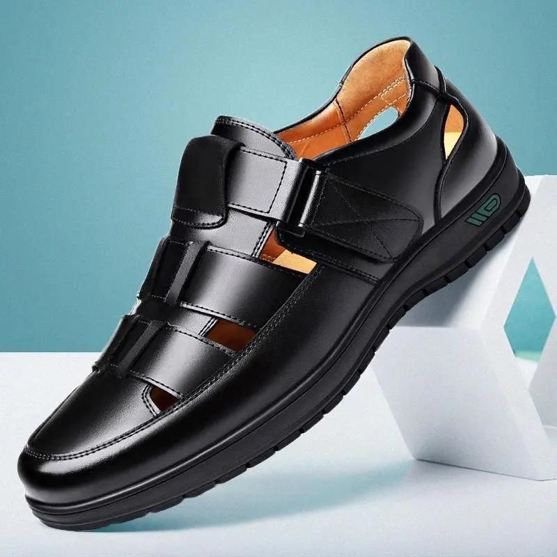 (Black)Men's Leather Shoes Business Casual Forma Wear High Heels Soft Sole Non-Slip Summer Sandals