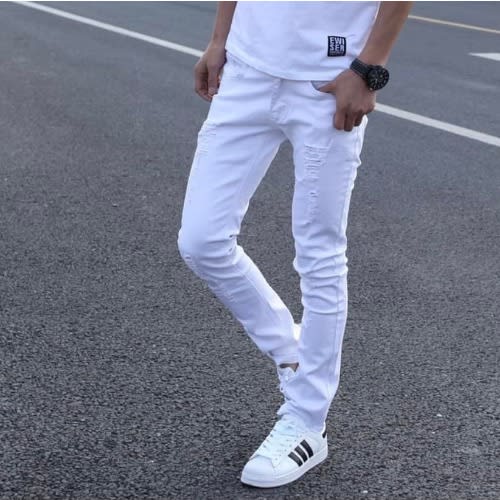 Ripped Thorn Stretchy Men's Skinny Jeans - White