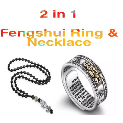 Feng Shui Obsidian Ring And Necklace Set - 2 In 1 - Silver