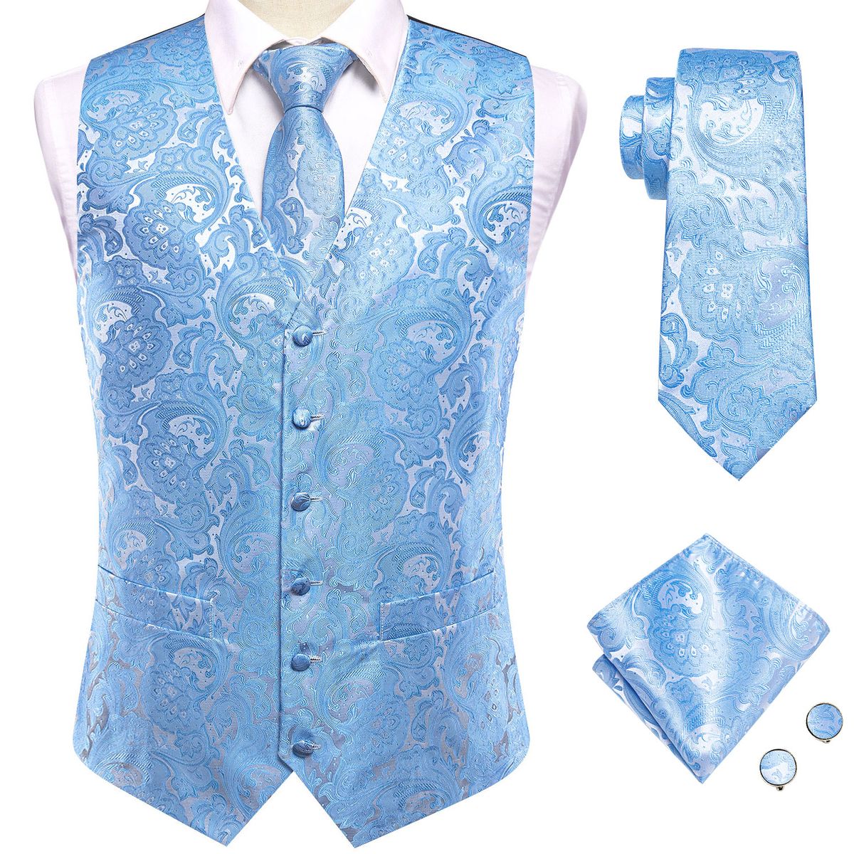 (MJ-3018)Silk Mens Wedding Vest Tie Set Sleeveless Western Waistcoat Jacket Necktie Hanky Cufflinks Sky Blue Coral Beige Silver Burgundy DOU