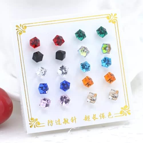 Mixed Colors Crystal Stoned Stud Earrings -10 Pairs