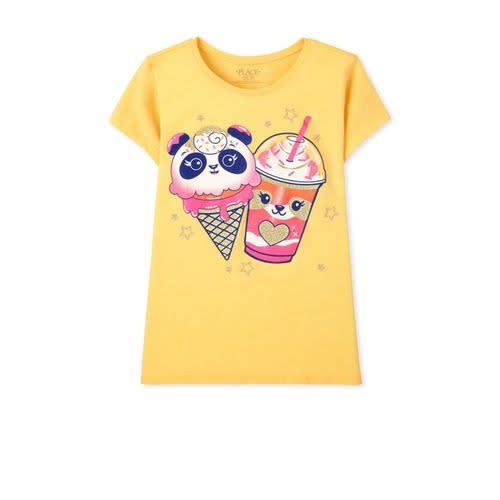 Girls Glitters Panda Dessert Graphic Top- Golden Yellow