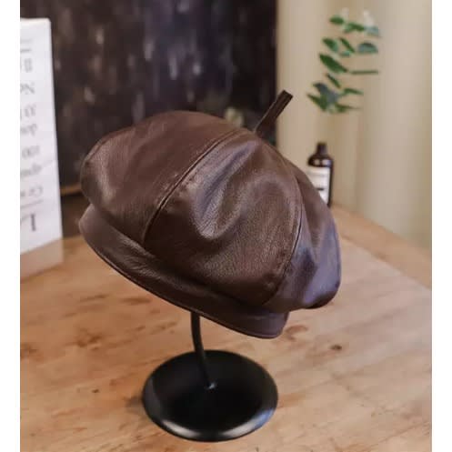 Vintage Pu Leather Beret - Chocolate Brown