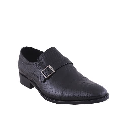 Snake Skin Detailed Leather Shoe With Fancy Buckle - Black - Msh-4376