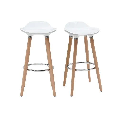 Glossy Abs Plastic Bar Stool With Wood Legs- Set Of 2 -  White