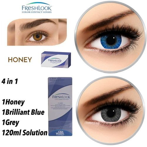 4 In 1 Freshlook Honey + Brilliant Blue + Gray Contact Lens With Solution