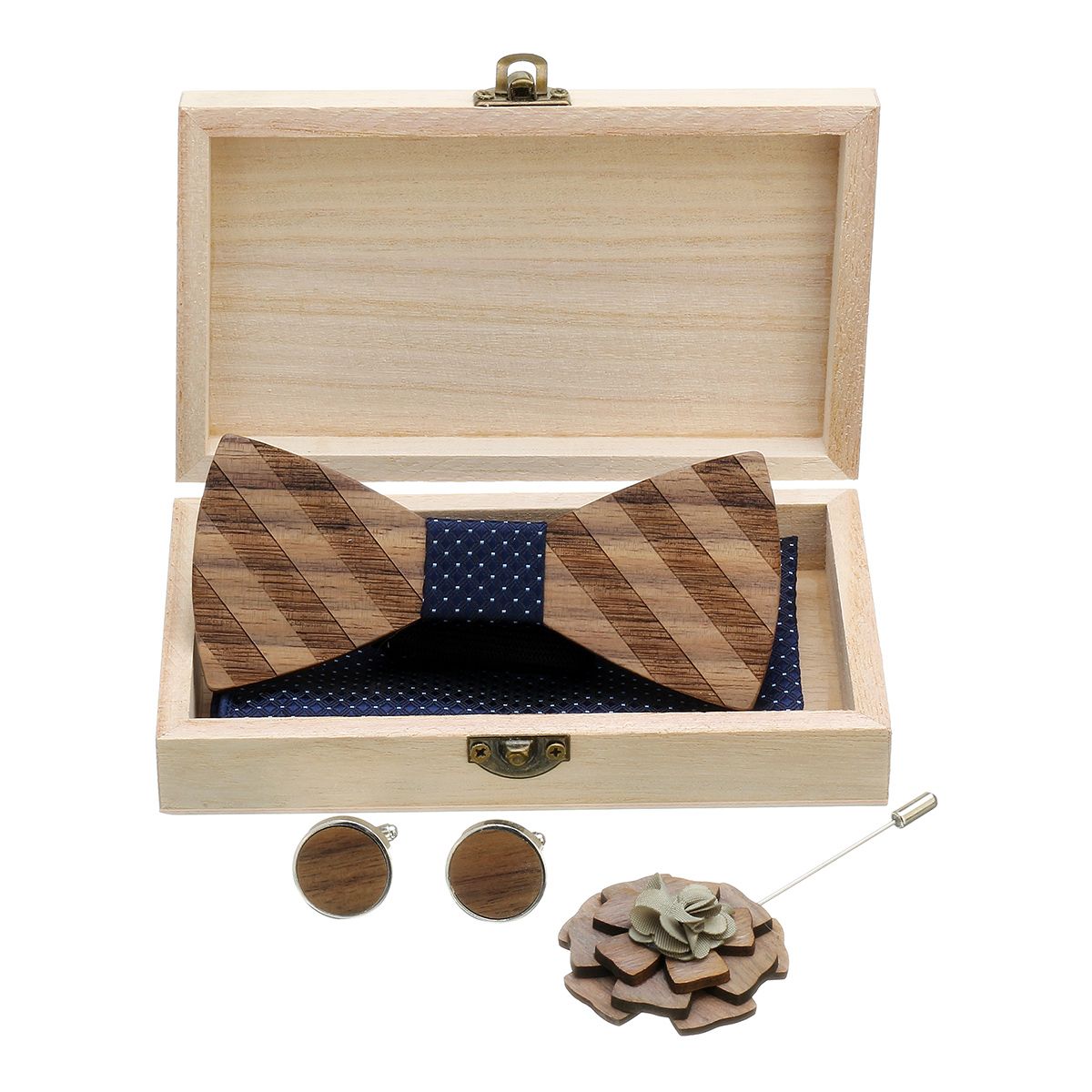 Wooden Bow Tie Handkerchief Cufflink Kit Wedding Men Gift