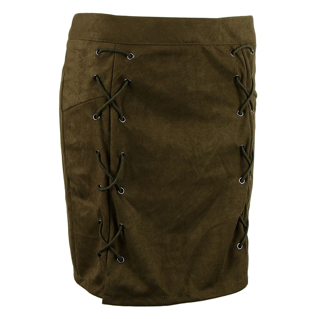 High Waist Lace Up Suede Slim Mini Skirt Short Bodycon A Dark Green M
