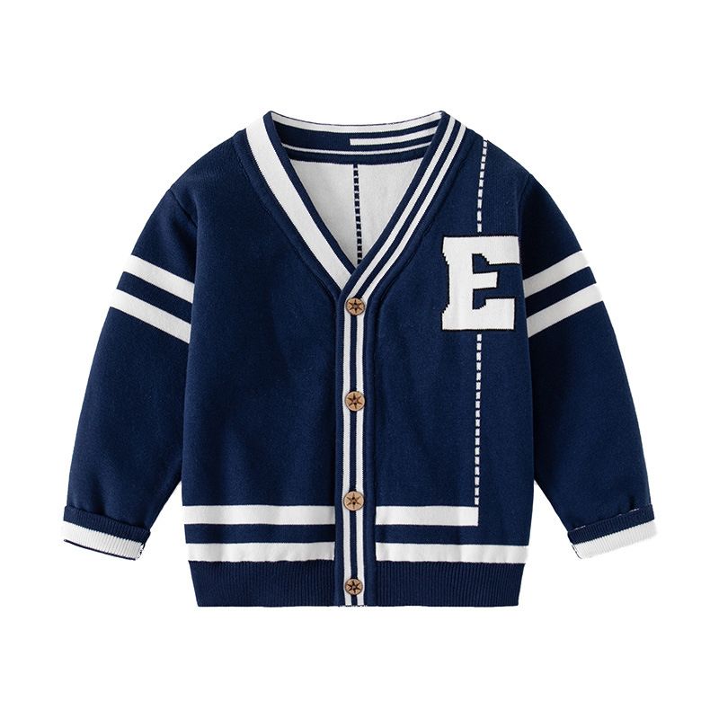 Autumn Spring Kids Knitted Sweater Casual Letters Long Sleeve Boys Cardigan-Navy