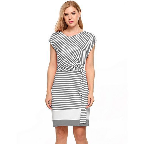 Women's Cap Sleeve Striped Side Draped Tie-Belt Slim Fit Sheath Dress-Gray
