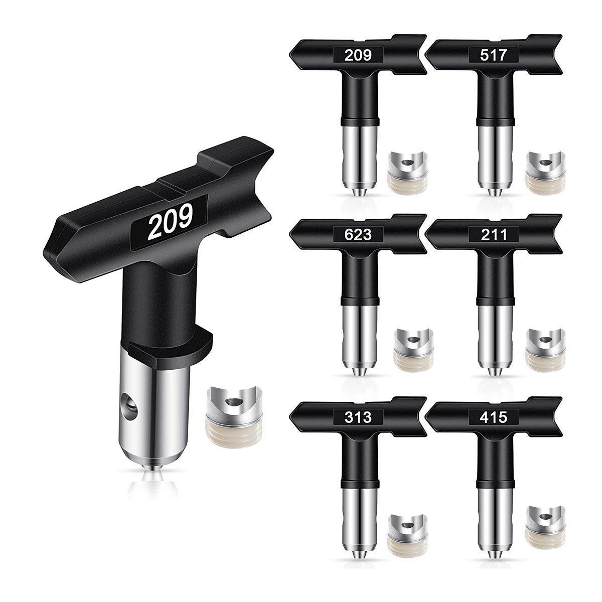 6Pcs Sprayer Tips  Reversible Air-Less Spray Tip Black Air-Less Paint Sprayer Tips Parts 209 211 313 415 517 623