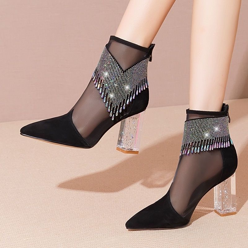 (Black)Summer Fashion Boots Women 2022 New Glitter Rhinestone Ladies Pointed Toe Chunky Heel S JIN