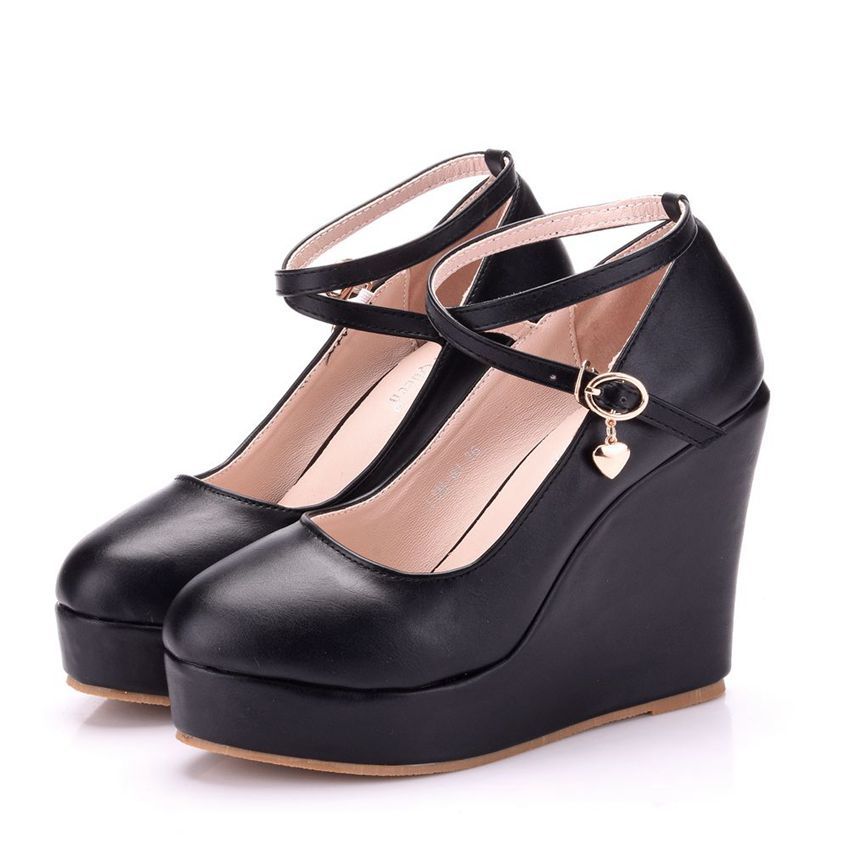 (Black)High Heels Plus Size Platform Wedges Female Pumps Women's Flock Buckle Ankle Strap Wedd JIN