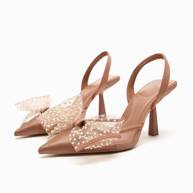 (Beige)TRAF Woman Pumps Butterfly High Heels Summer 2023 Women Slingback Wedding Bride Bow Hee JIN