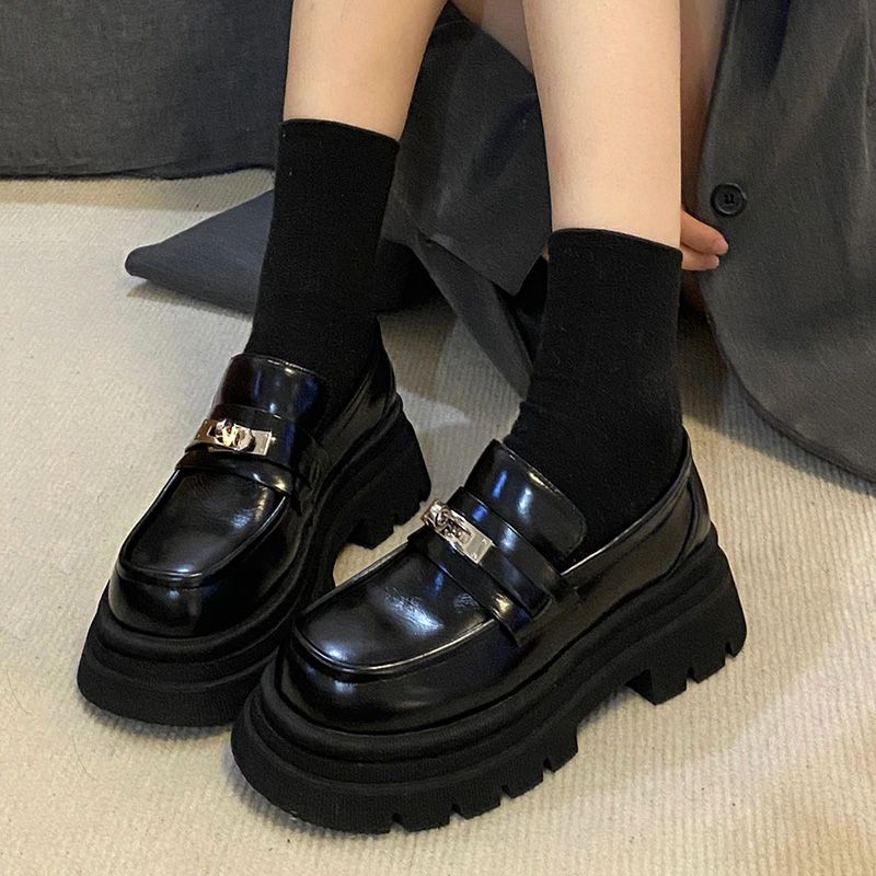 (black)platform Loafers Shoes British College Style Muffin Thick Sole Round Toe Single Shoes L JIN