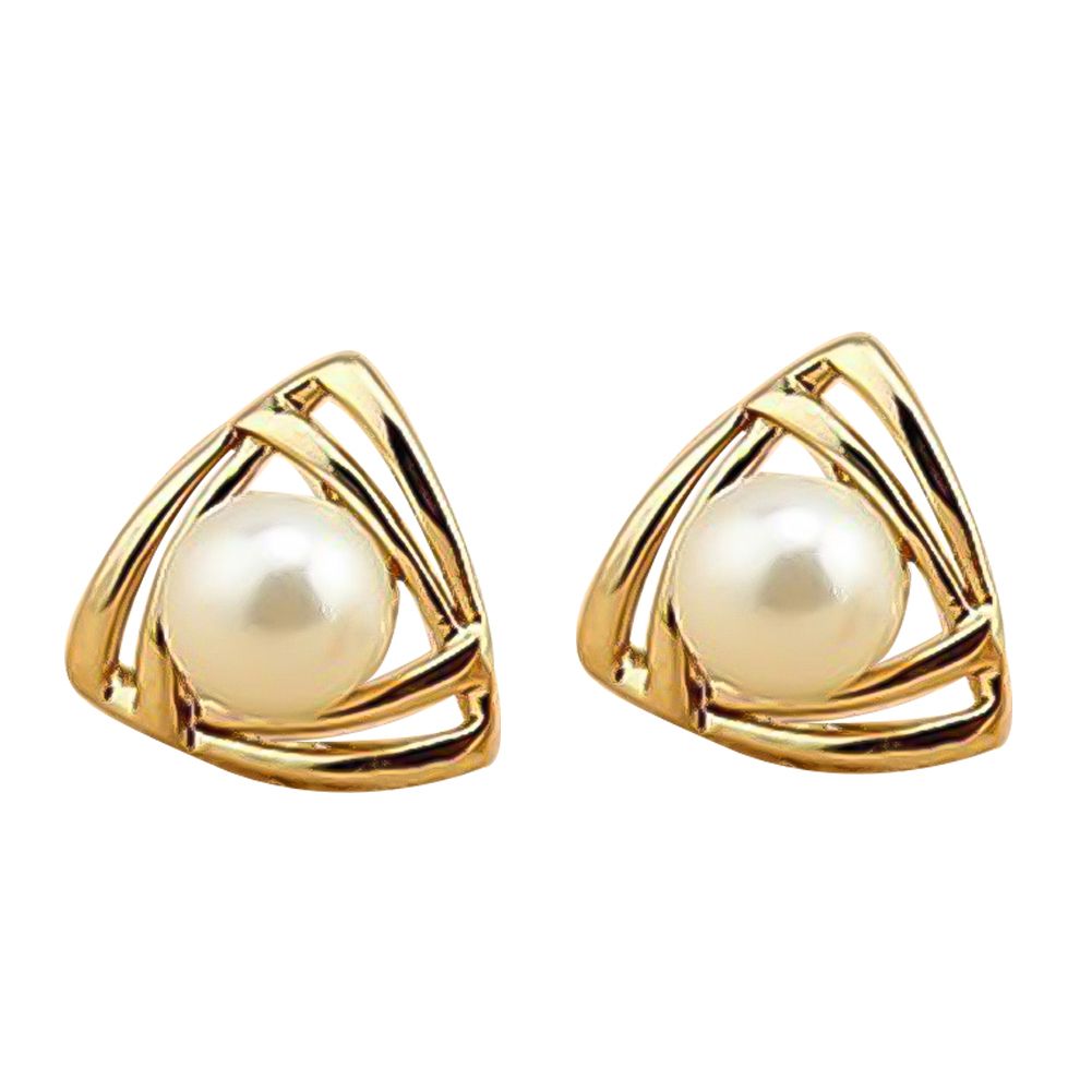 Women Faux Pearl Inlaid Double Triangle Crossover Ear-Golden