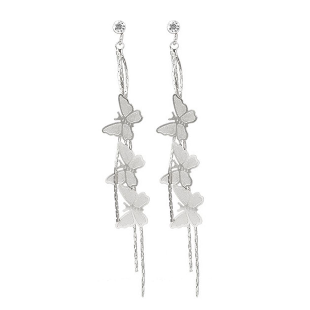Women Tassel Chain Butterfly Long Dangle Rhinestone-Silver