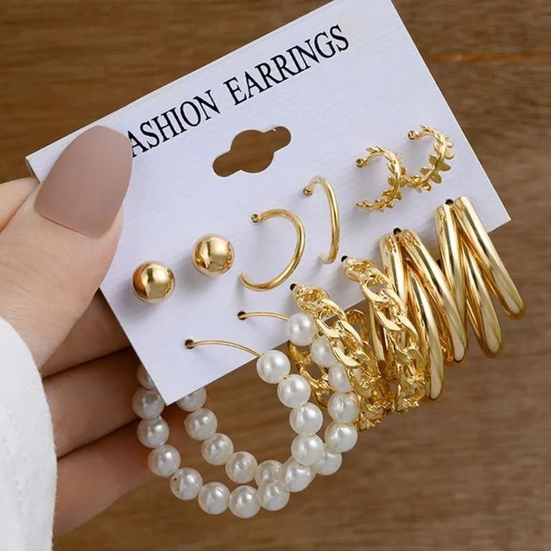 Retro 6 Pairs Chic Gold Earrings Set for Women Simple Pearl Metal Round Chain Party Jewelry(Gold)