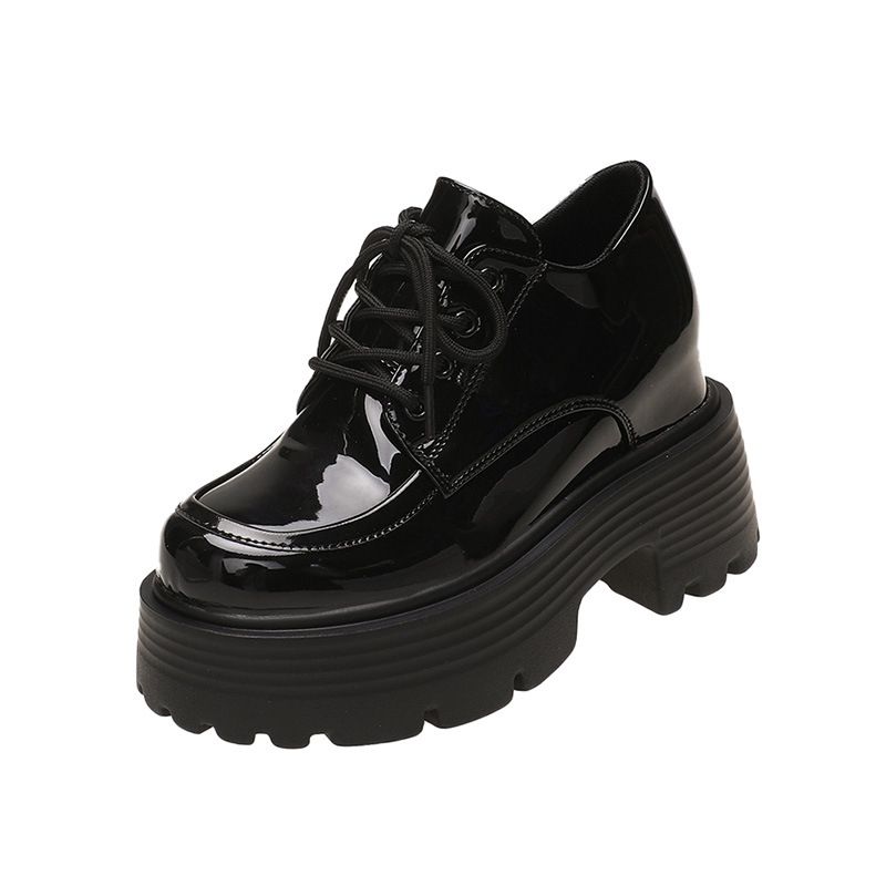 (Black)Platform Shoes Women Hidden Heel Loafers Fashion Designer Inner Height Chunky Round Toe JIN