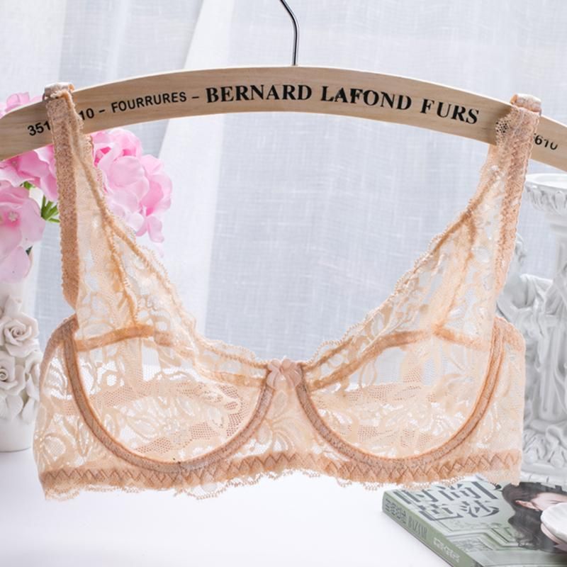 New Sexy Women Lace Gauze Bra Push Up 3/4 Cup Hook-and- Eye Breathable Ultra-thin bra Lingerie Underwear