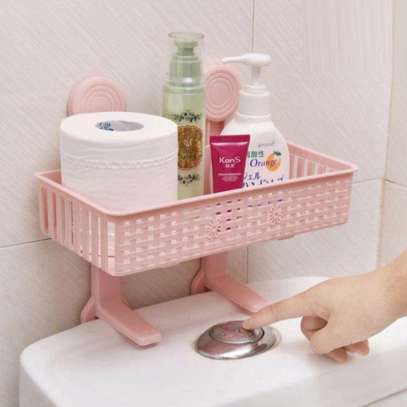 Bathroom Kitchen Suction Cup Storage Rack Organizer Free Punch Shelf Seamless Storage Box Light Pink