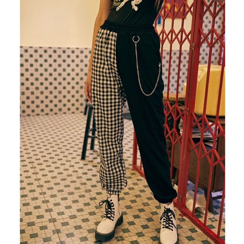 Harajuku Women Plaid Patchwork Joggers Cargo Pants Punk S