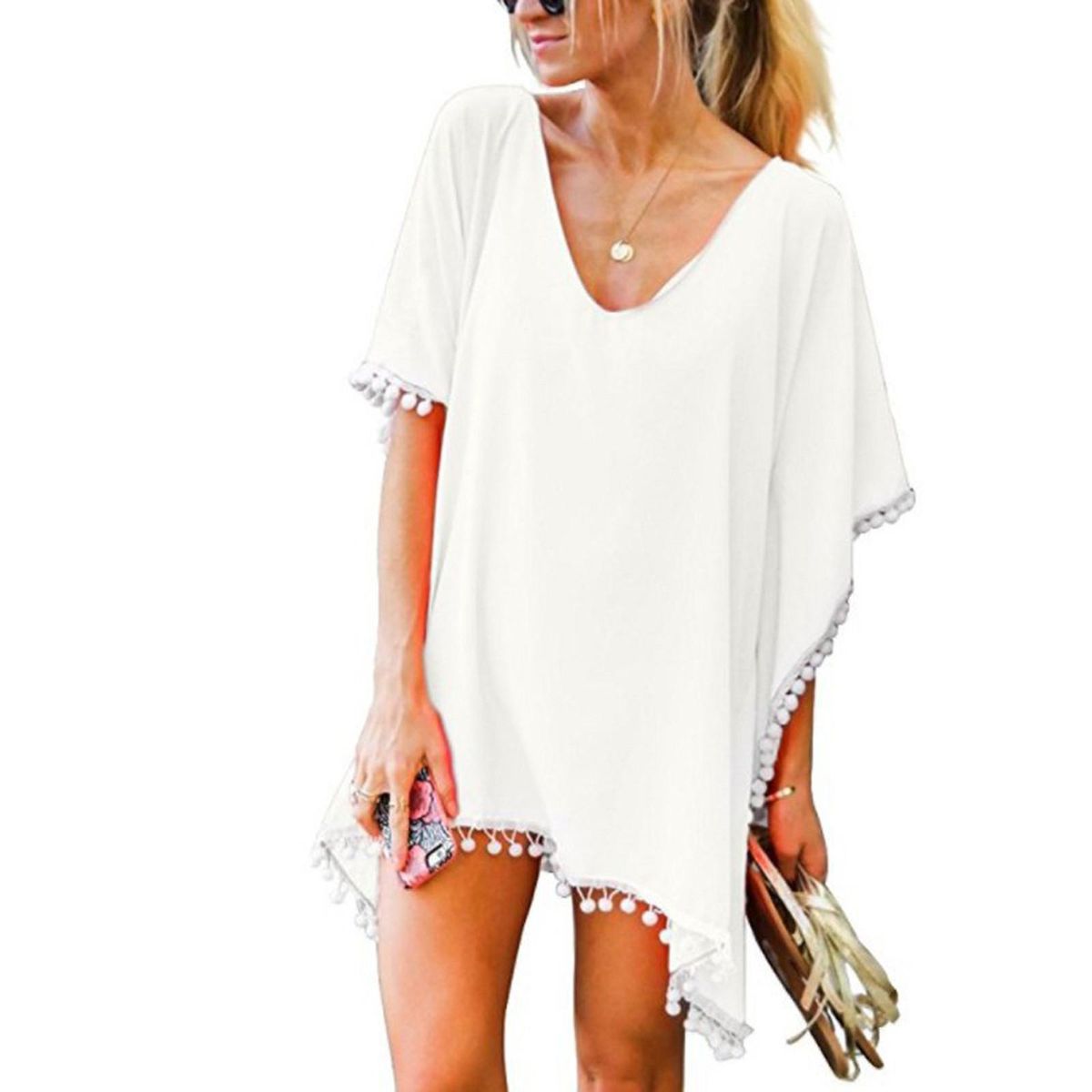 Women's Trim Kaftan Chiffon Tassels Swimwear Beach Loose Bikini Cover Up Tops