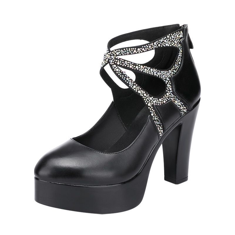 Glittered Ankle Strap Heel Corporate Cover Shoe - Black