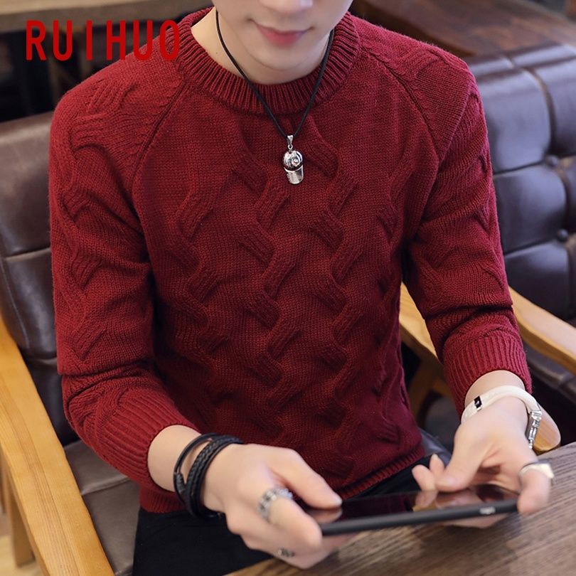 Solid Knitted Pullover Men Sweater Clothing Fashion Korean Clothes Man Coats Wool-Red