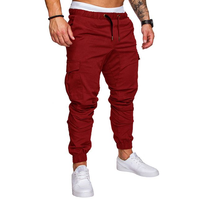 (Wine Red)New Fashion Men's Multi-Pocket Overalls Sports Trousers Mens Casual Fi