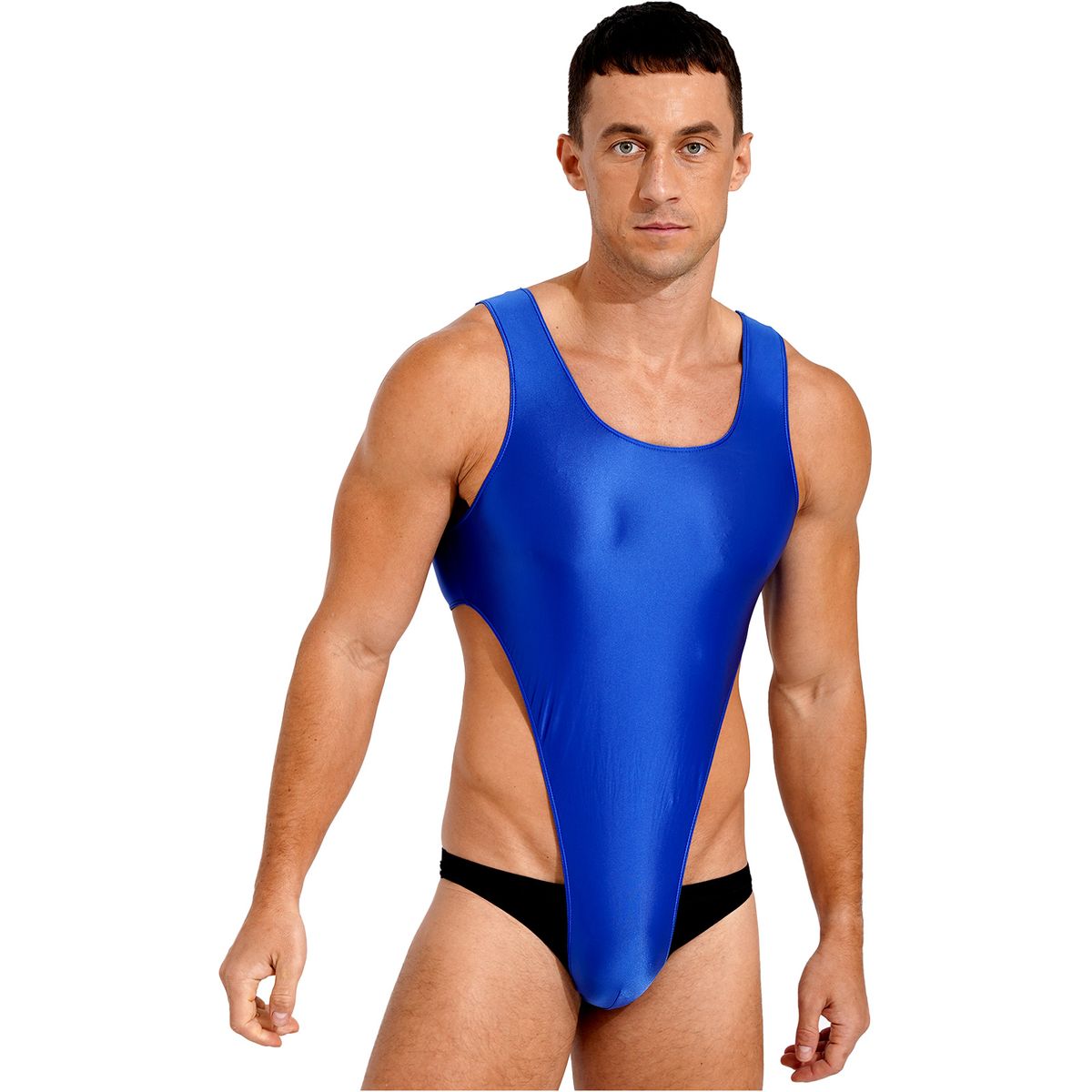 Glossy Bodysuit Men U Neck Solid Color Lossy Stretchy Mankini  Costume High