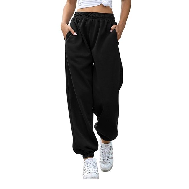 Autumn Winter Fleece Joggers Sweatpants Women High Waist Solid Loose Baggy Hip Hop Casual Fashion Sport Pants Streetwear(#Black)