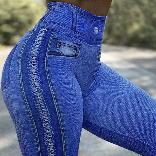 Women Print Denim Yoga Pant Sport Casual Jeans Leggings Girl Plus Size Elastic Slim Pants High Waist Tights Fitness Gym Clothing(#1603 Denim)