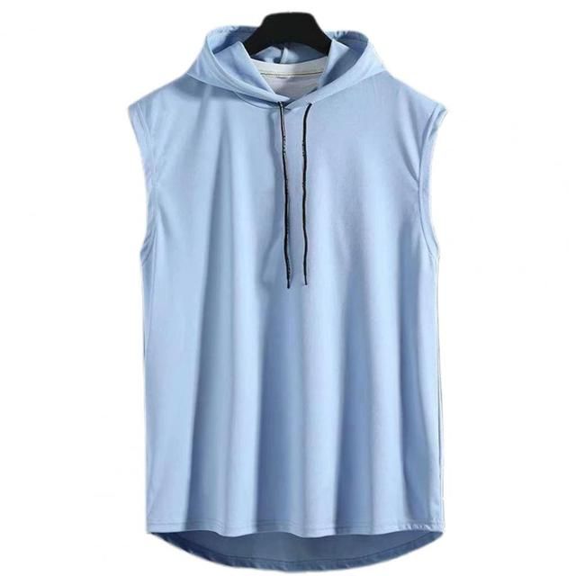Men Muscle Hoodie Vest Sleeveless Pure Color All Match Loose Sweat Absorption Summer T_shirt For Gym Workout Fitness(#Blue)