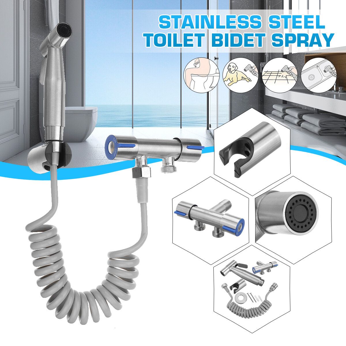 Stainless Steel Handheld Douche Bidet Toilet Hose Spray Shower Shattaf Kit