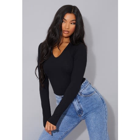 Long Sleeve V Neck Top - Black