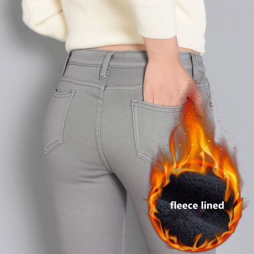 Women's Winter Warm Velvet Thickened Jeans Women High Waist Skinny Legging Pocket Fleece Lined Thermal Denim Pencil Pants Woman Gray