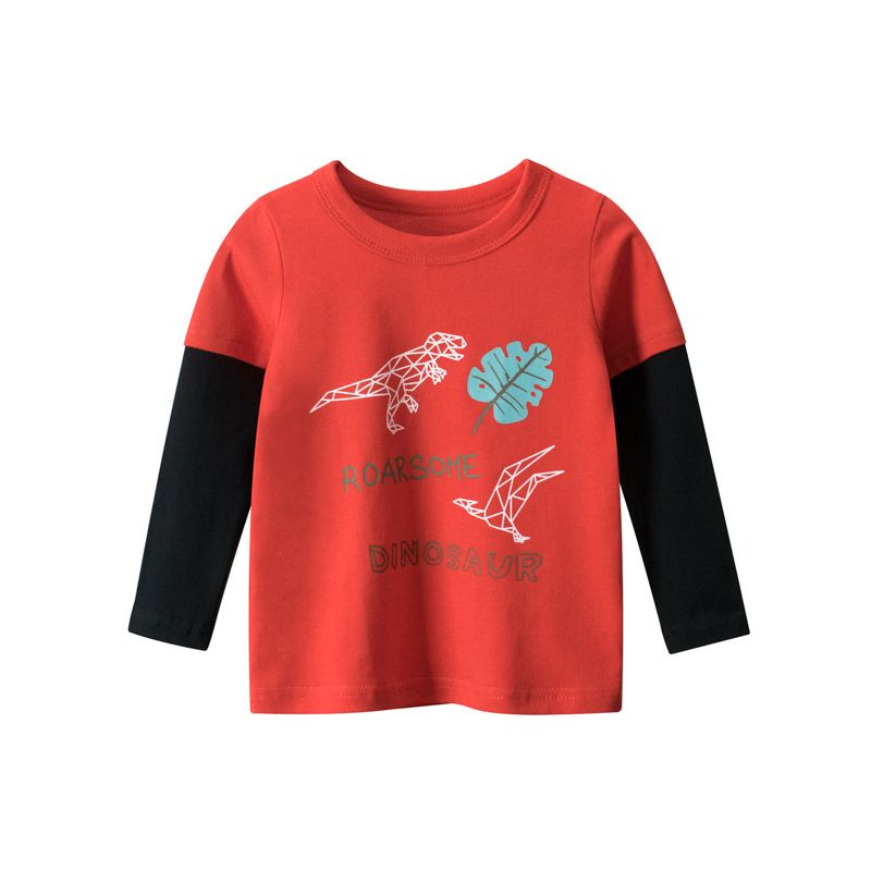 100% Cotton Kids Long Sleeve Round Neck Printed Boys T-Shirts-Red