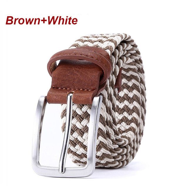Stretch Canvas Leather Belts For Men Female Casual Knitted Woven Military Tactical Strap Male Elastic Belt For Pants Jeans(#Brown-White)