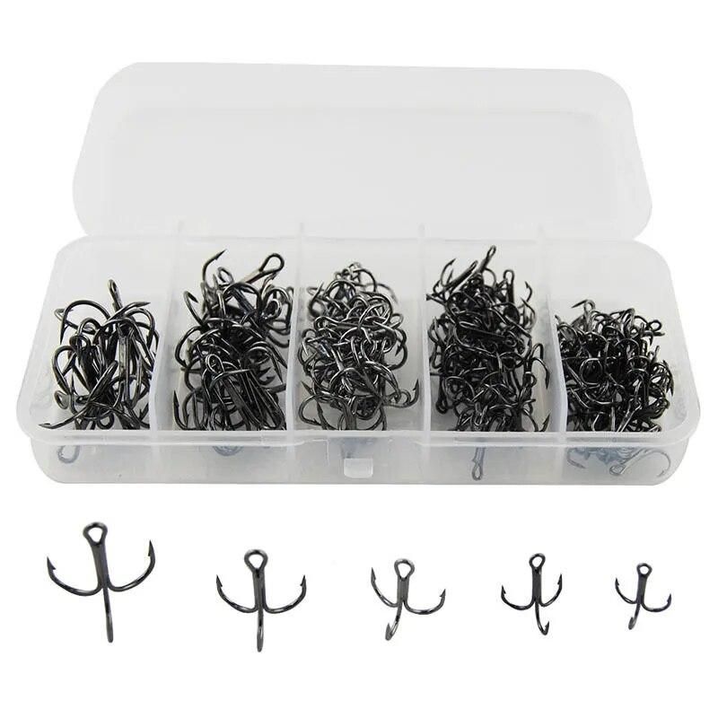 150pcs 35647 High Carbon Steel Treble Fishing Hooks Black Round Bent Triple Hard Artificial Lure Spoon Fishhooks Set With Box