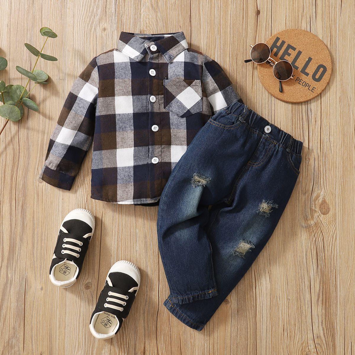 1-6Y Kid Boys Clothes Set Long Sleeves Classic Plaid Shirt Ripped Denim Pants