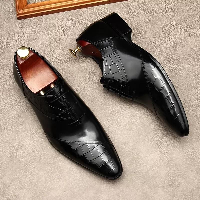 Black Italian Mens Black Dress Shoes Wedding Genuine Leather Lace Up