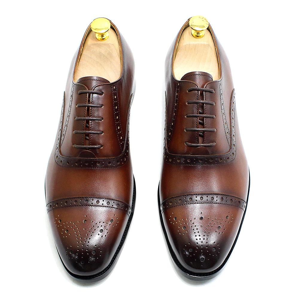 Brown Luxury Men's Dress Shoes Genuine Leather Calfskin Cap Toe