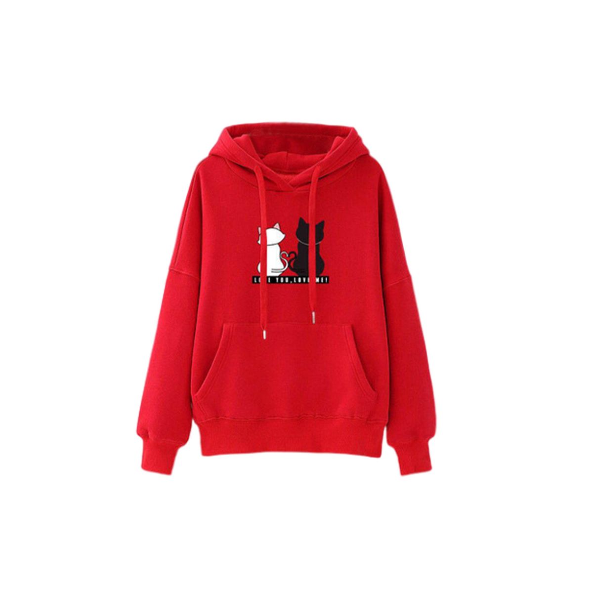 Girls Long Sleeve Cat Printed Hoodie Stretchy Hooded Tops With Red M